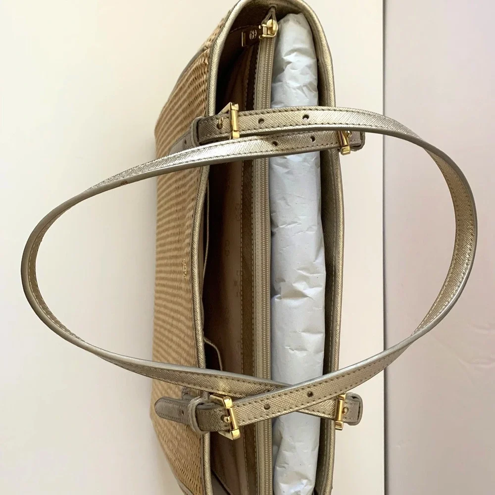 NWT Tory Burch York Straw Small Buckle Tote Bag Gold Metallic